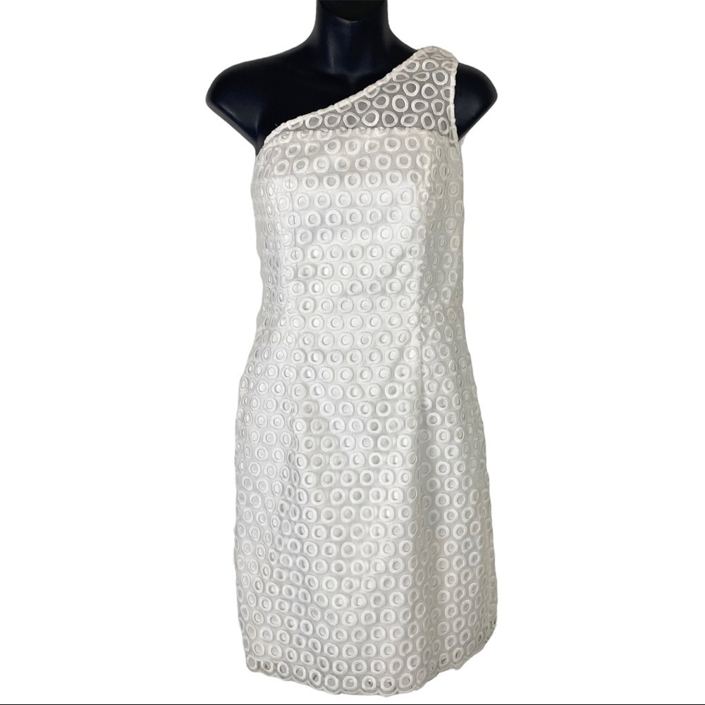 LILY PULITZER One Shoulder White Eyelet Sheath Dress 2 Cocktail Wedding Crochet - Picture 13 of 13
